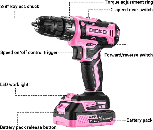 DEKO 20V Pink Cordless Power Drill β Electric Drill Set for Women! ππ§