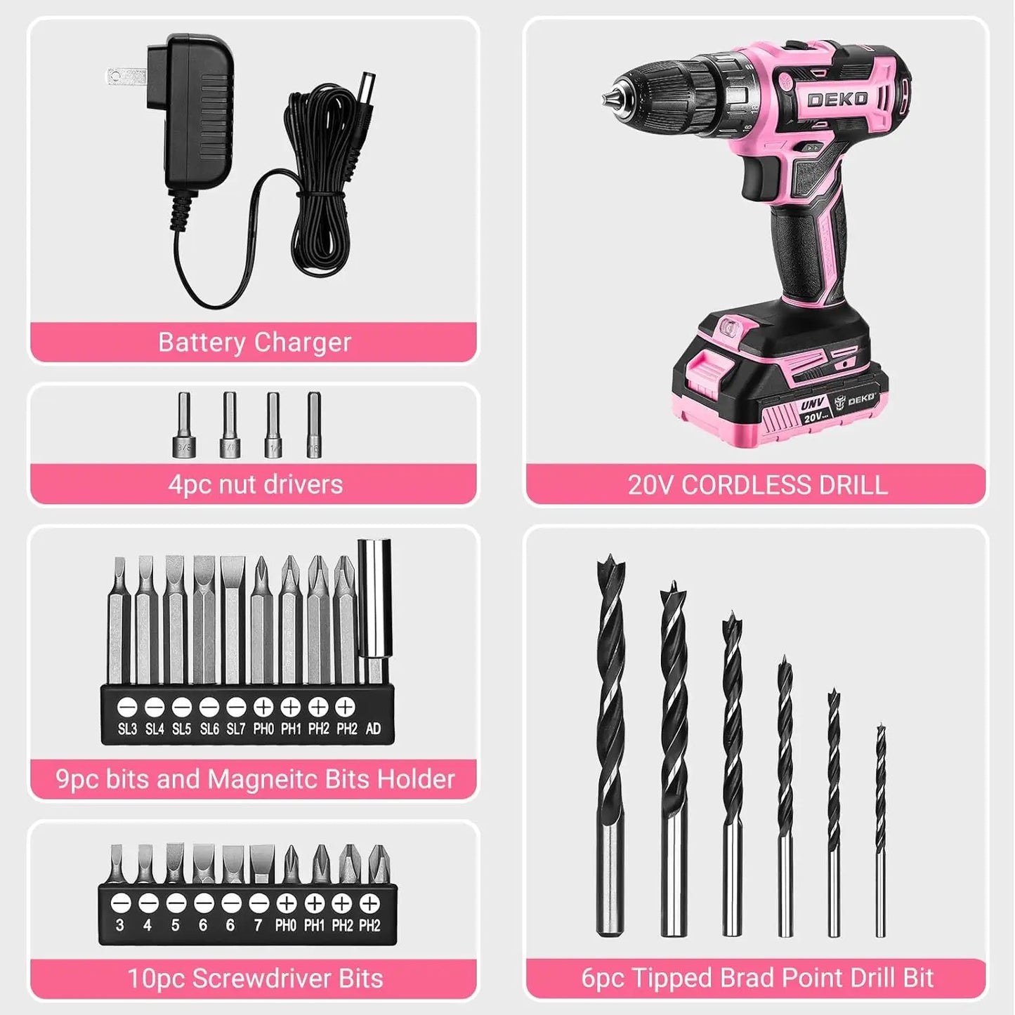 DEKO 20V Pink Cordless Power Drill β Electric Drill Set for Women! ππ§