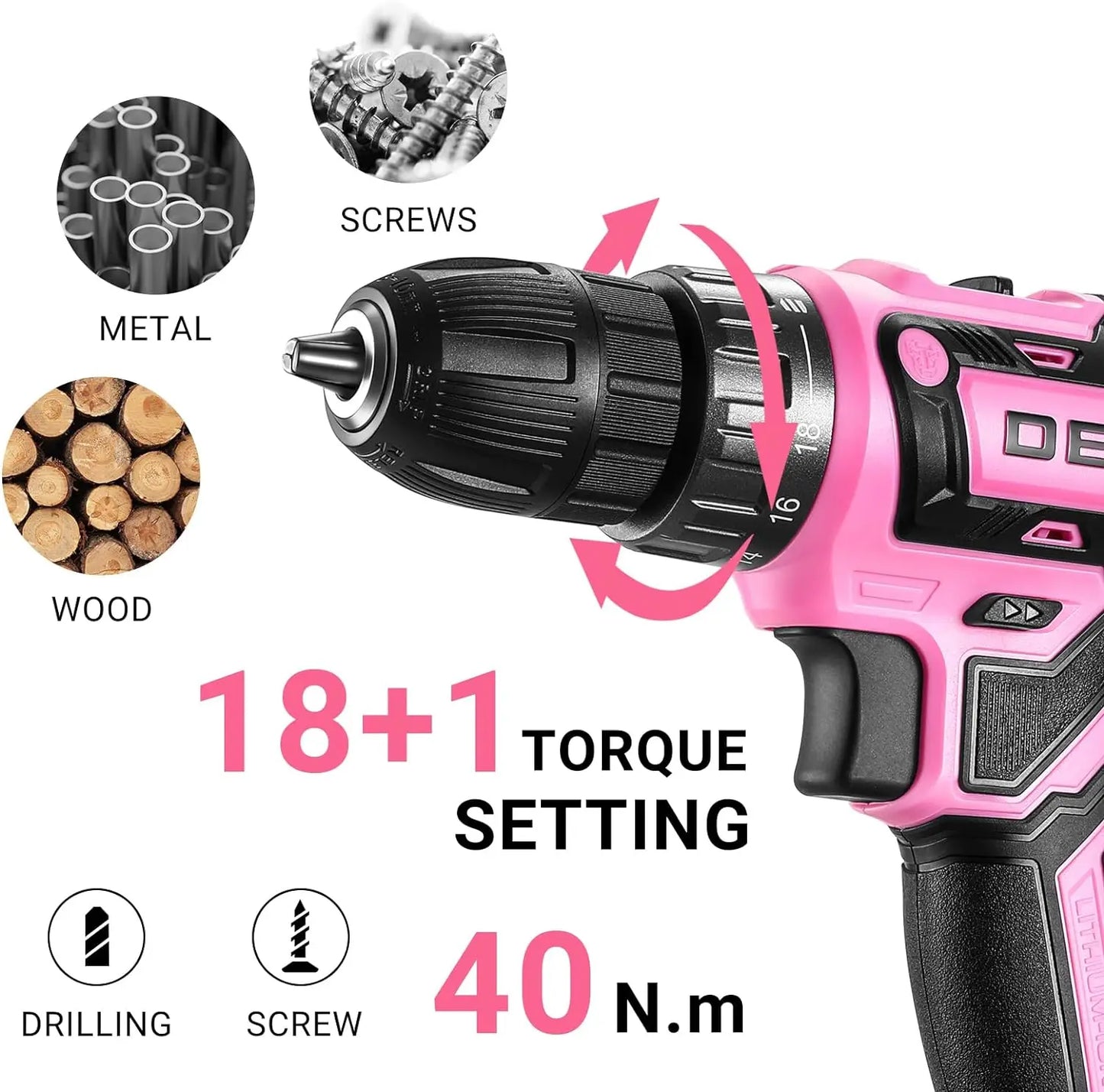 DEKO 20V Pink Cordless Power Drill β Electric Drill Set for Women! ππ§