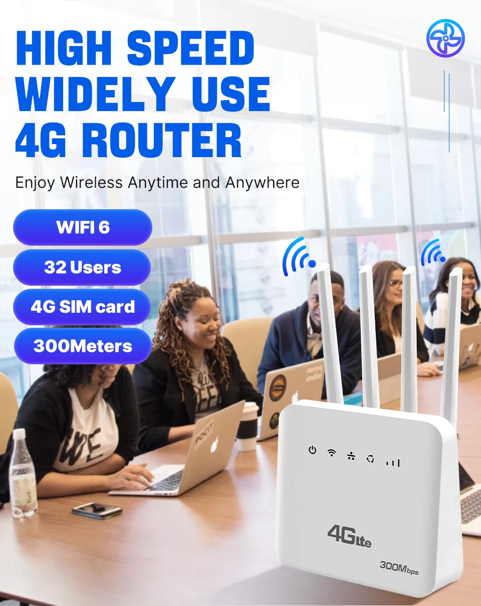 πΆ 4G LTE WiFi 6 Router π SIM Slot π 300Mbps π‘ 4 Antennas β‘ Signal Booster